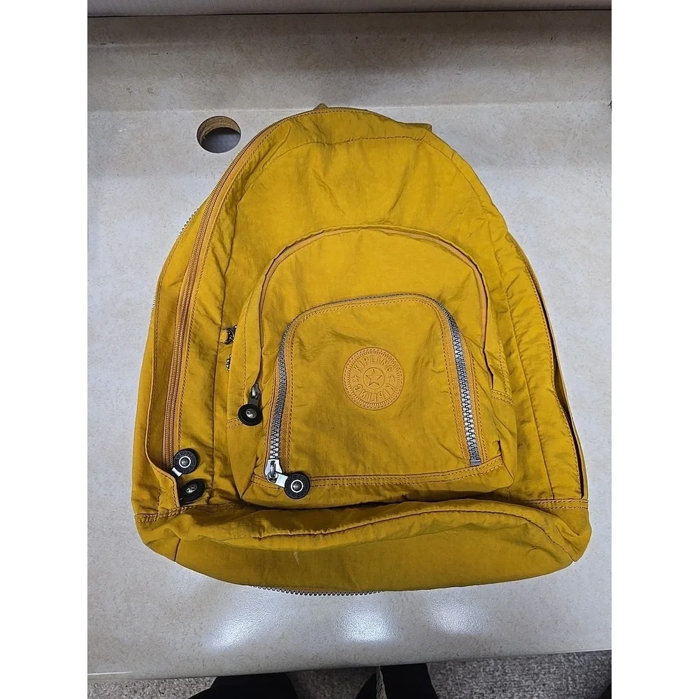Kipling Seoul Large Laptop Backpack Yellow Gold Crinkle Nylon School Travel Bag